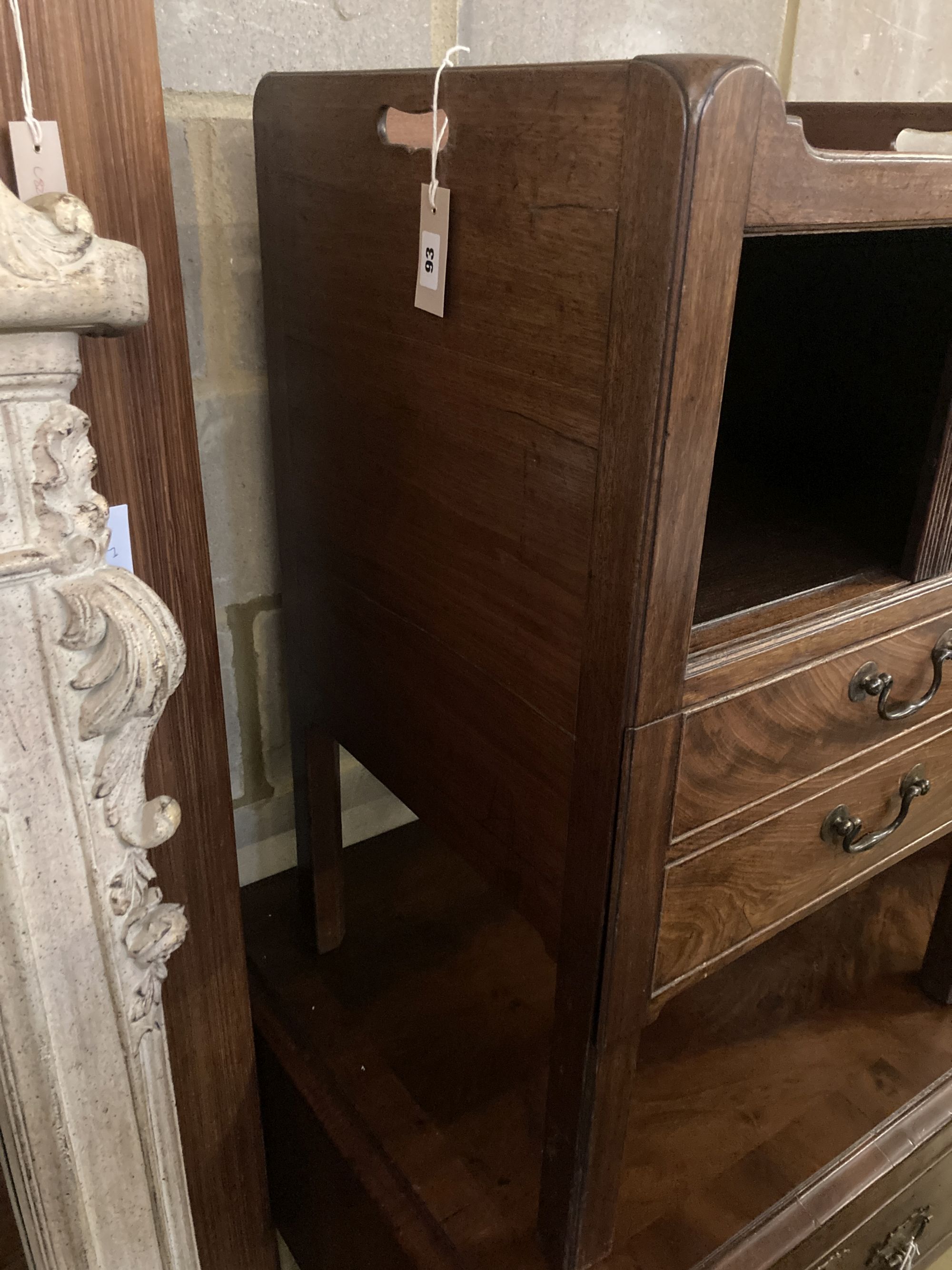 A George III style mahogany tray top commode (altered), width 54cm depth 46cm height 81cm